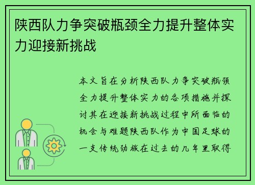 陕西队力争突破瓶颈全力提升整体实力迎接新挑战