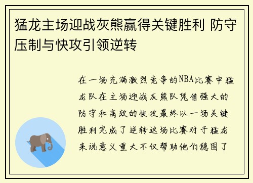 猛龙主场迎战灰熊赢得关键胜利 防守压制与快攻引领逆转